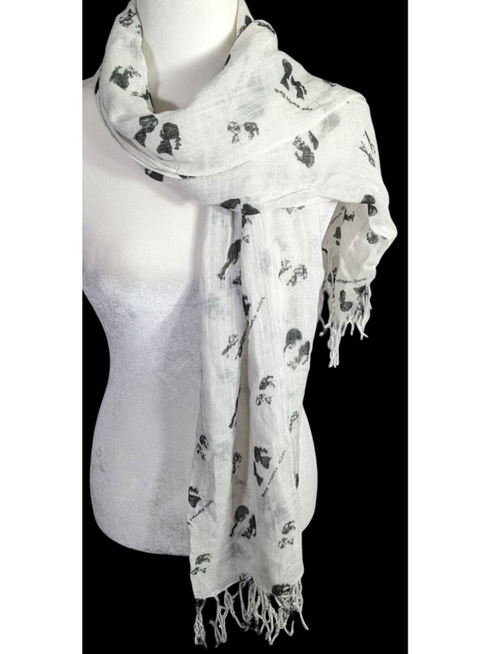Boy Meets Girl Lightweight White Scarf With Black Silhouette Print & Fringe